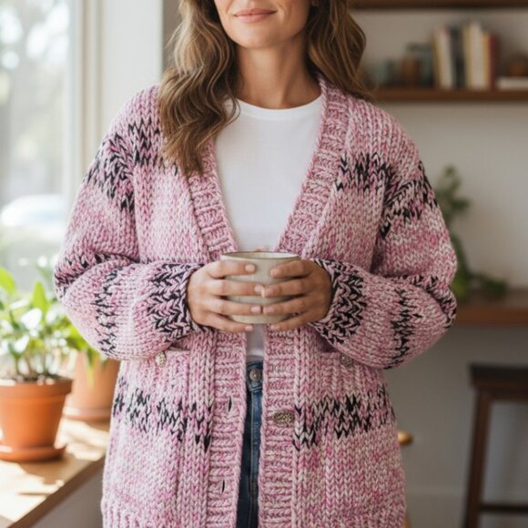 CHANEL Chunky Cable Knit Cotton Cardigan Sweater Jacket Pink Black Size 36 L XL - Picture 2 of 14